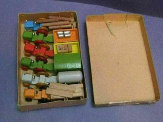 Vintage East German Tractor Trailer Toys Wooden Mini 30 Pc W/box Dregeno 01g4