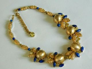 Vintage Faux Lapis,  Yellow Rhinestone,  Gold Tone Leaf/ball Necklace