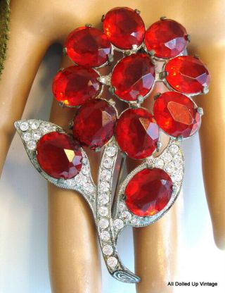 Vintage Pot Metal Flower 3 " Brooch Siam Red Ovals Crystal Rhinestones