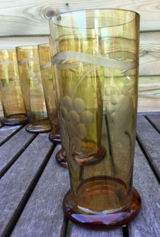 6 Vintage Art Deco Cocktail Amber Gold Cut Tumbler Drinking Glasses Set 30s 40s 3