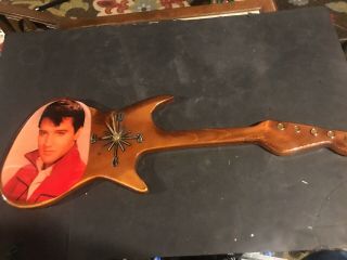Vintage Elvis Presley Guitar Shaped Real Wood Lacquered Wall Art Clock