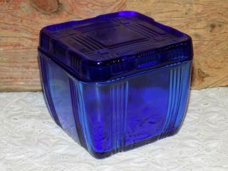 Vtg Hazel Atlas Glass Refrigerator Dish Criss - Cross Cobalt Blue 4 " X4 " W/ Lid