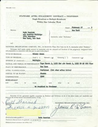 Ruth Warrick Citizen Kane Vintage 1959 Signed Contract For Ellery Queen D.  2005