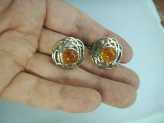 Old Vintage Celtic Knot Art Nouveau Style Amber Sterling Silver Clip Earrings