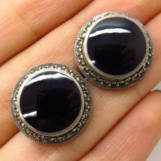 Vtg 925 Sterling Silver Real Black Onyx Marcasite Gemstone Round Earrings