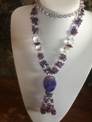 Stunning Vintage 30 " Glass And Amethyst Pendant Necklace