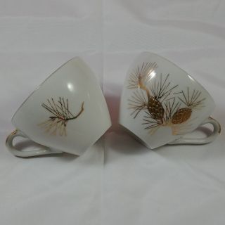 2 Vintage Tea Cups Silver Gold White Pine Cones Needles Label Sticker 14