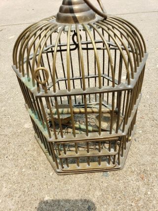 Vintage Tarnished All Brass Bird Cage Swinging Perch & Water Cups -