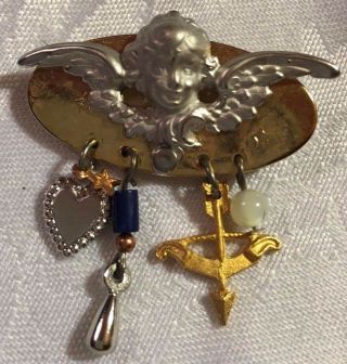 Vintage Gold/silver Tone Angel Brooch/pin With Dangling Charms