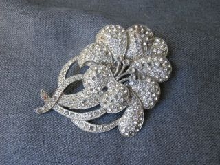 Vintage Signed Emp Clear Rhinestones Silvered Metal Flower Huge Pin