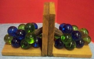Vintage Green Blue Glass Grapes Bookends Book Ends Wood Heavy 7 1/8 " Tall Retro