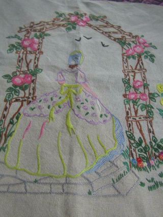 Vintage Embroidered Crinoline Lady In Garden Arbour Panel