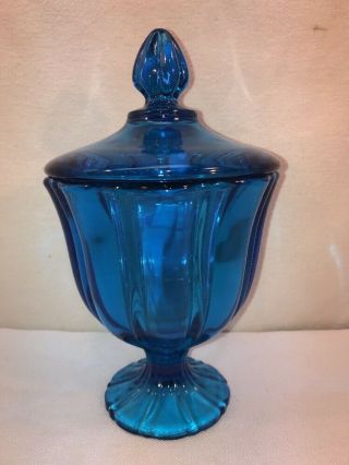 Vtg 1940 - 50’s Blue Glass Simply Elegant Pedestal Candy Dish With Lid