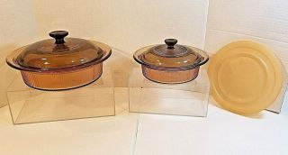 2 Vintage Amber Corning Visions Casserole Dishes With Lids - 24 Oz & 1.  5 Qt