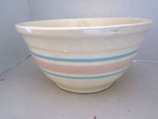 Mccoy? Pink Blue Band Bowl Mixing 108 8 " Yellow Ware Ovenware Usa Vintage Potter