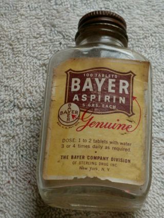 Empty Vintage Glass Bayer Aspirin Bottle With Tin Lid And Paper Labeling