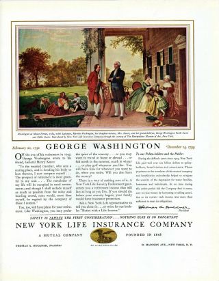 1936 Vintage Print Ad York Life Insurance George Washington Mount Vernon Art