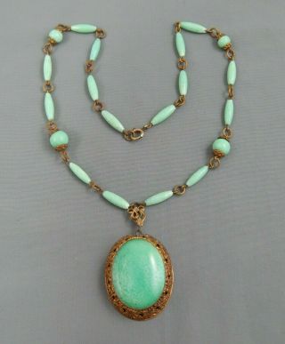Vintage Art Nouveau Deco Brass Filigree Green Peking Glass Bead Necklace 15 "