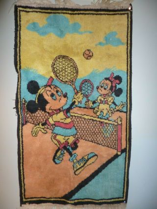 Vintage Mickey Mouse & Minnie Playing Tennis Wall Hanging Woven Rug 21 " X 37 "