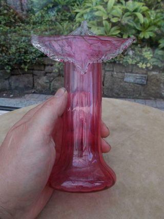 Vintage Jack In The Pulpit Ruby Cranberry Glass Vase Clear Frilled Edge Lovely