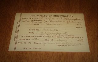 Vintage Voter Registration Card Democrat Buckingham Buck County Pennsylvania