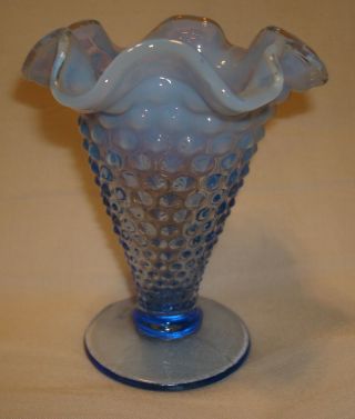 Vintage Fenton Glass Light Blue Opalescent Hobnail 4” Ruffled Mini Trumpet Vase