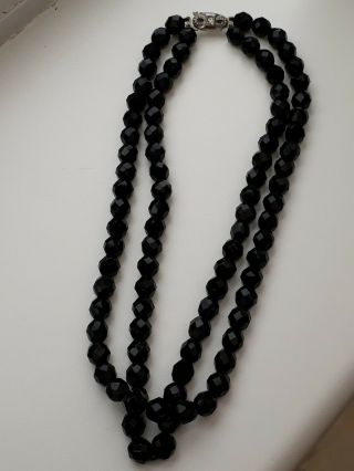 Vintage 1950s French Jet,  Black Glass,  15.  5 " Long Bead Double Strand Necklace 8