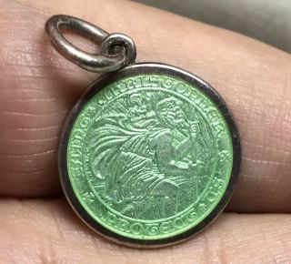 Vintage Sterling Silver Green Enamel Guilloche St.  Christopher Pendant Medal