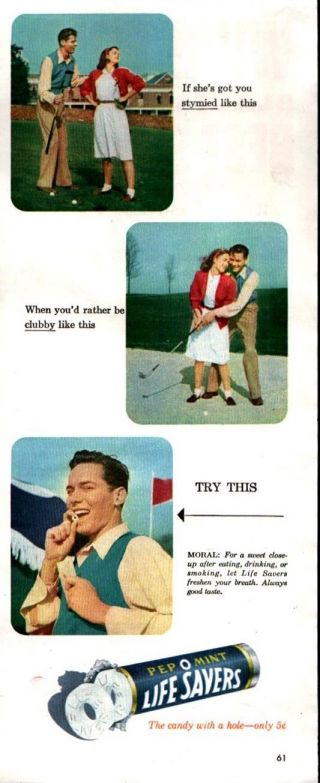 1947 Lifesavers Life Savers Pepomint Candy Couple Play Golf Vintage Print Ad 517