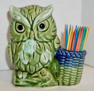 Vintage 1970s Owl Toothpick Holder Green Blue Basket 3.  5 " H Made In Japan