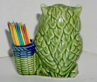 Vintage 1970s Owl Toothpick Holder Green Blue Basket 3.  5 