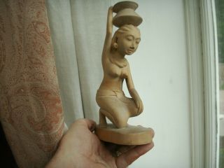 Old Vintage Hand Carved Wooden Chinese Or Asian Nude Lady Water Carrier Figure