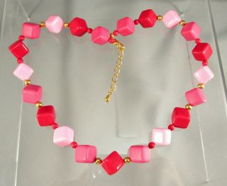 Vintage Shades Of Pinks Square Plastic Beaded Necklace 1135