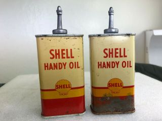 (2) Vintage Shell Handy Oil Cans - Vintage Gas And Oil Full Lead Tops