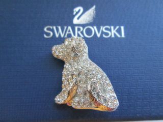 Vintage Signed Swarovski Silver Crystal Glass Enmael Puppy Dog Animal Brooch Pin