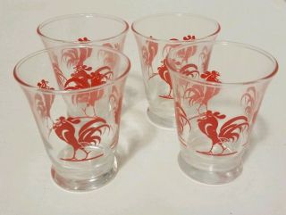 Set Of 4 Vintage Clear Glass Red Rooster Double Shot Glasses