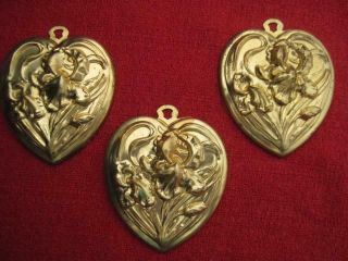 Vtg Iris Heart Locket Tops Pendants Brass Jewelry Findings Stampings 2 "