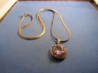 Vintage Sterling Silver Large Stone Amethyst Pendant & Sterling Chain