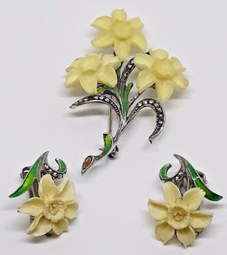 Vintage Art Deco Hand Carved Bone Brooch And Earring Set Marcasite And Enamel