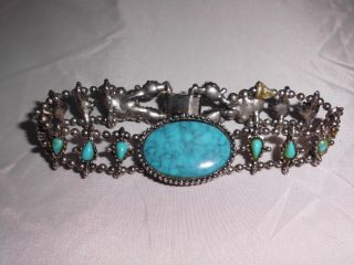 Vtg Ornate Southwestern Style Silver Tone Faux Turquoise Cabochons Bracelet