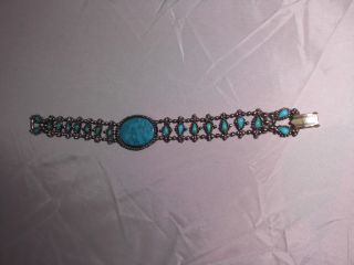 VTG Ornate Southwestern Style Silver Tone Faux Turquoise Cabochons Bracelet 2