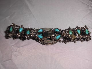 VTG Ornate Southwestern Style Silver Tone Faux Turquoise Cabochons Bracelet 3