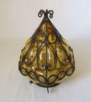 Vintage Mid Century Light Amber Glass Lamp Shade Hand Blown In Iron Cage 21 Cm