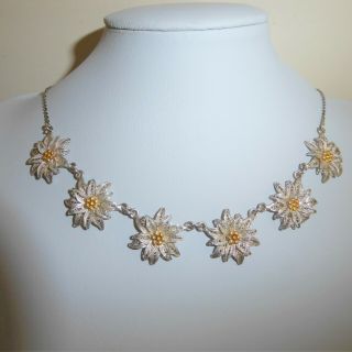 Vintage Necklace Silver Filigree Edelweiss Flower Links Silver Chain Marked 800