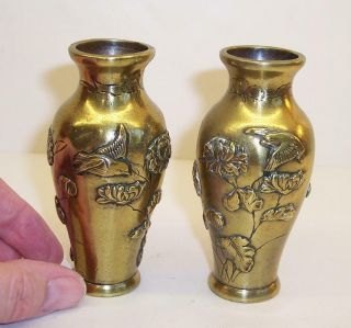Pair Vintage/antique Miniature Bronze Japanese Vases Applied Birds/flowers Brass