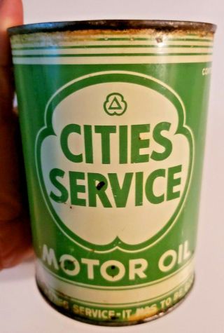 Vtg 40s Cities Service Motor Oil 1 Quart Can Sae 10 Gas Service Station Full