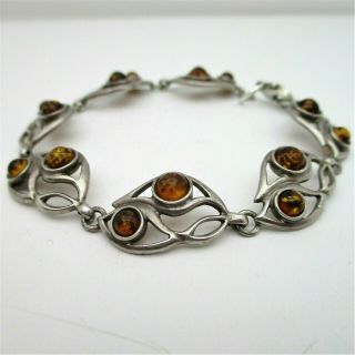Vintage Sterling Silver 925 Baltic Amber Curved Open Leaf Cluster Bracelet 7 "