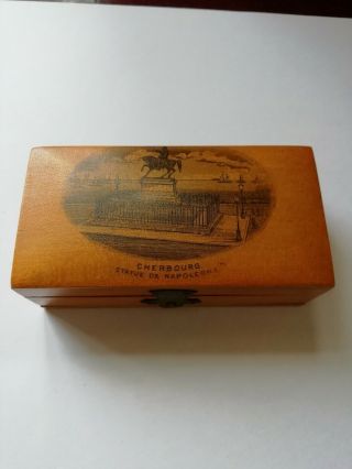 Rare Vintage Wooden Mauchline Ware Trinket Box Cherbourg Statue Of Napoleon