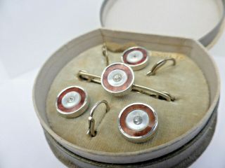 Fine Vintage Set Of 3 Silver & Mother Of Pearl Dress Shirt Studs And Tie Pin 2