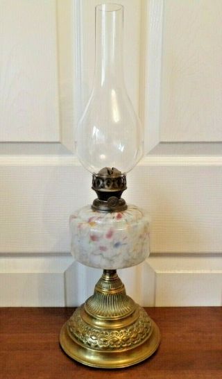 A Lovely Vintage Oil Lamp Mottled Glass Font Single Burner Ornate Brass Base